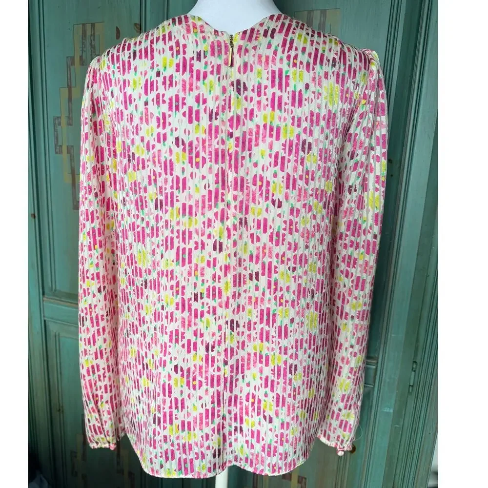 Kate Spade Marker Floral Devore Top Pink Twist Front Long Sleeve Blouse